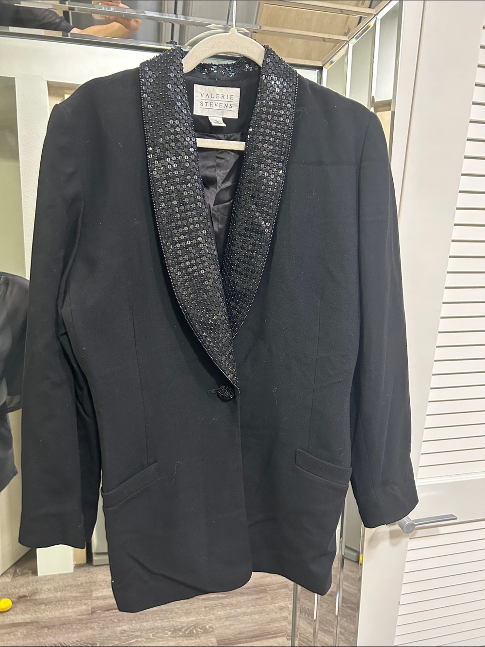 Valerie Stevens Black Sequin Shawl-Collar Tuxedo Jacket